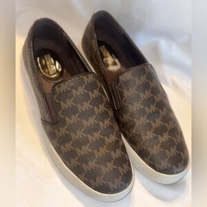 Michael Kors Brown Loafers Slip-On Shoes with Iconic MK Pattern
